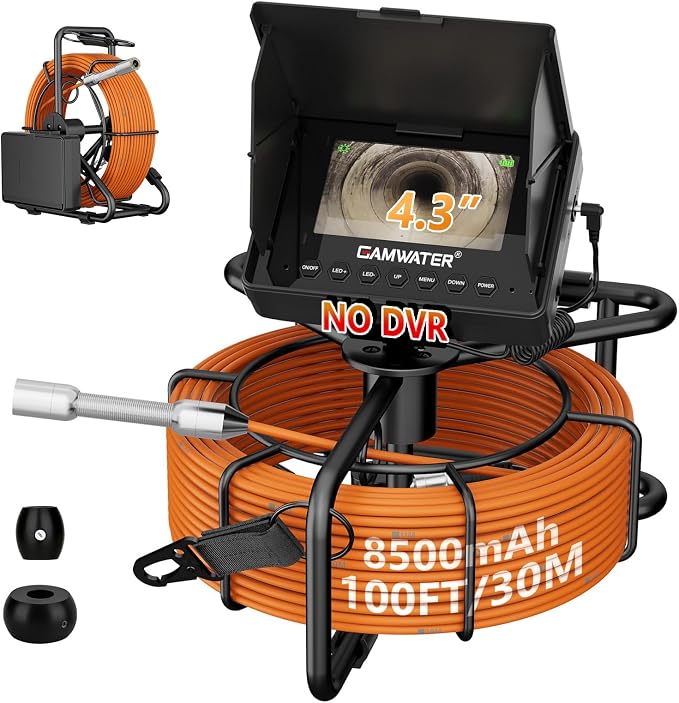 Sewer Camera 100ft/30m, 17mm Plumbing Snake Borescope with 8pcs LEDs Light, 4.3" Screen 1000TVL Pipe Inspection Camera with 8500mAh Battery Without Recorder