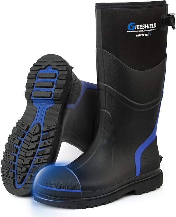 Men's Rubber Work Boots with Steel Toe & Shank, Waterproof & Anti-Slip, 6mm Neoprene, Durable Brown Rubber Boot for Construction, Farming, Manufacturing, Sizes 7-14