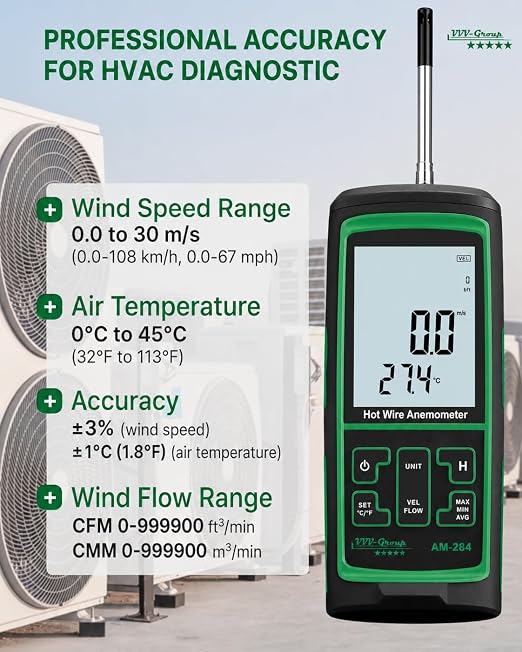 Hot Wire Anemometer AM-284 – HVAC Airflow Meter for Duct and Vent Testing, CFM/CMM Air Volume Calculation, Wind Speed & Temperature Measurement, Straight Telescopic Probe, USB PC Software