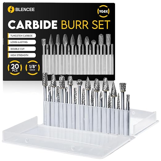 20Pcs Carbide Burr Set - 1/8" Shank Tungsten Die Grinder Bits, Double Cut - Compatible with Dremel & Milwaukee - Cutting, Engraving, Deburring - Rasp Accessories - Metal, Steel, Aluminum