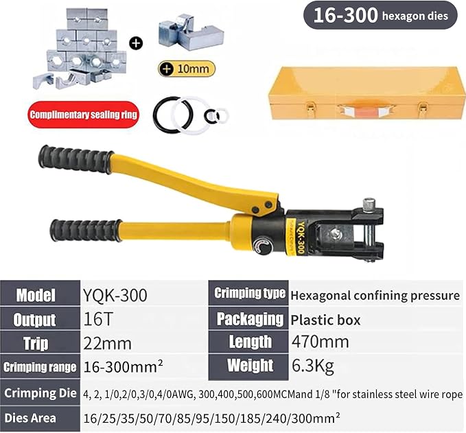 16T Hydraulic Crimping Tool 8 AWG to 600 MCM Battery Cable Crimping Tool 0.87 inch Stroke Hydraulic Lug Crimper Electrical Terminal Crimper with 13 Pairs of Dies