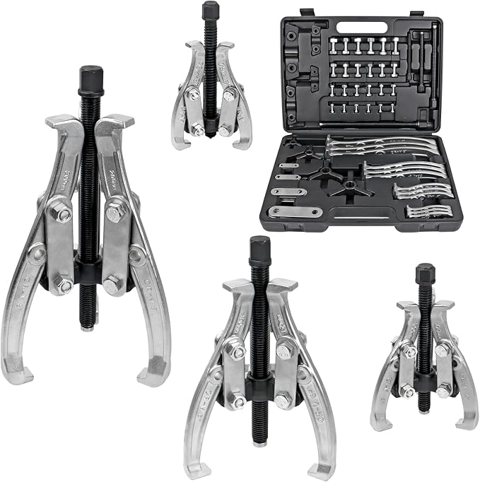 CARVALAX Gear Puller Set, Reversible 2 & 3-Jaw Puller Set, CR-V Steel 3" 4" 6" 8" Bearing Puller Kit (24pc) for Gear, Bearing, Pulley and Flywheel, Puller Tool with Black Carry Box