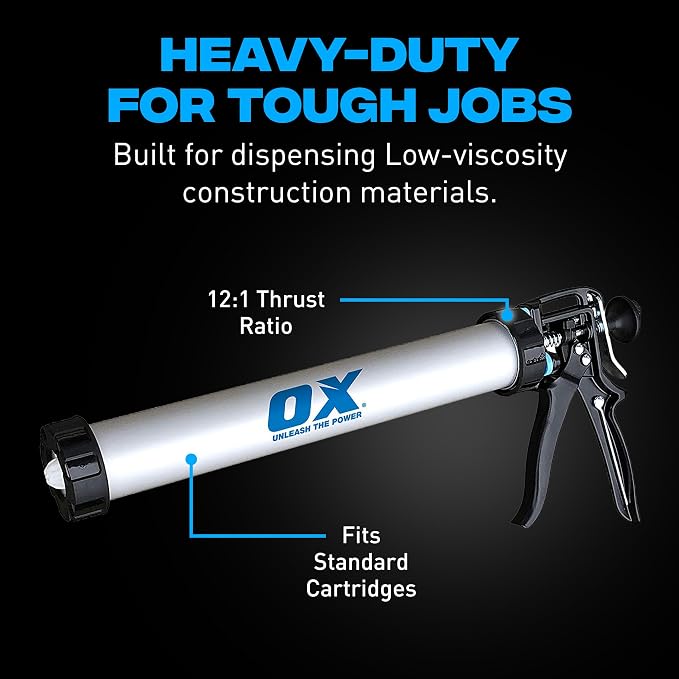 OX Pro Heavy Duty Sausage Caulking Gun - 20 oz Capacity and 12:1 Thrust Ratio Sealant Gun - Dual-Use for Tubes & Sausage Tube - Pistola De Calafateo
