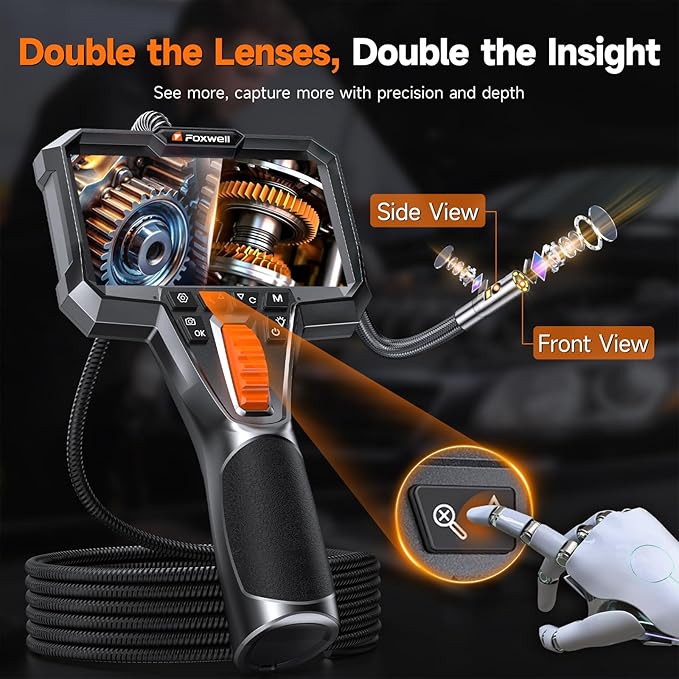 FOXWELL Dual Lens Two-Way Articulating Borescope, 1080P Endoscope Camera with Light, IPS HD Screen, IP67 Waterproof, 5.3FT Flexible Semi-Rigid Snake Scope for Automotive Engine Pipe Home Inspection