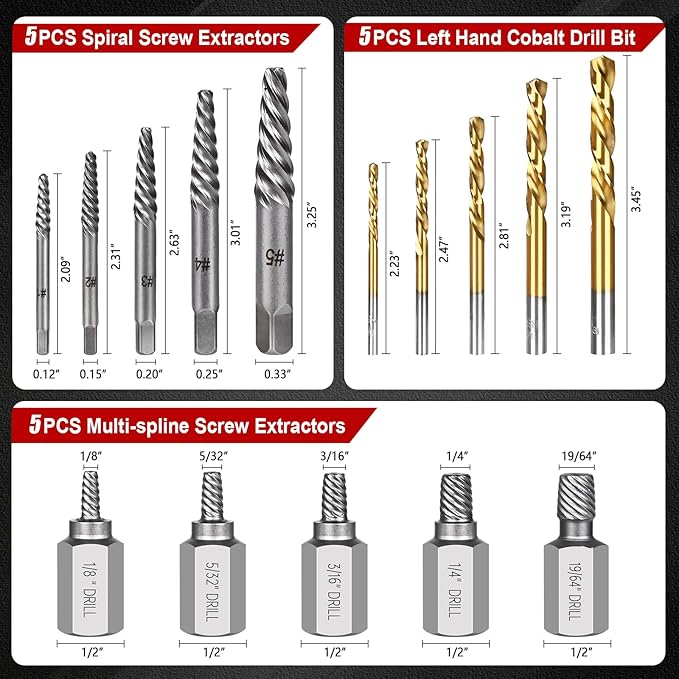15Pcs Screw Extractor Set, Easy Out Extractor Set, Left Hand Drill Bit Hex Head Extractor, Cobalt HSS Steel Kit for Stripped Screws and Broken Bolts