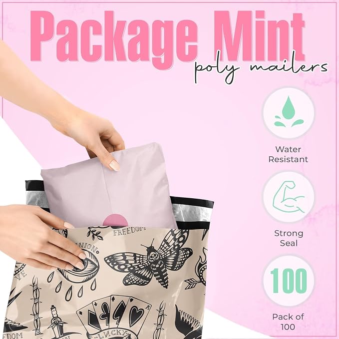 Package Mint Poly Mailers 10x13-100 Pack Vintage Tattoo Design Poly Mailer Shipping Bags - Waterproof, Tear-Resistant, Self Adhesive Seal - Decorative Mailing Bags for Clothes and Accessories