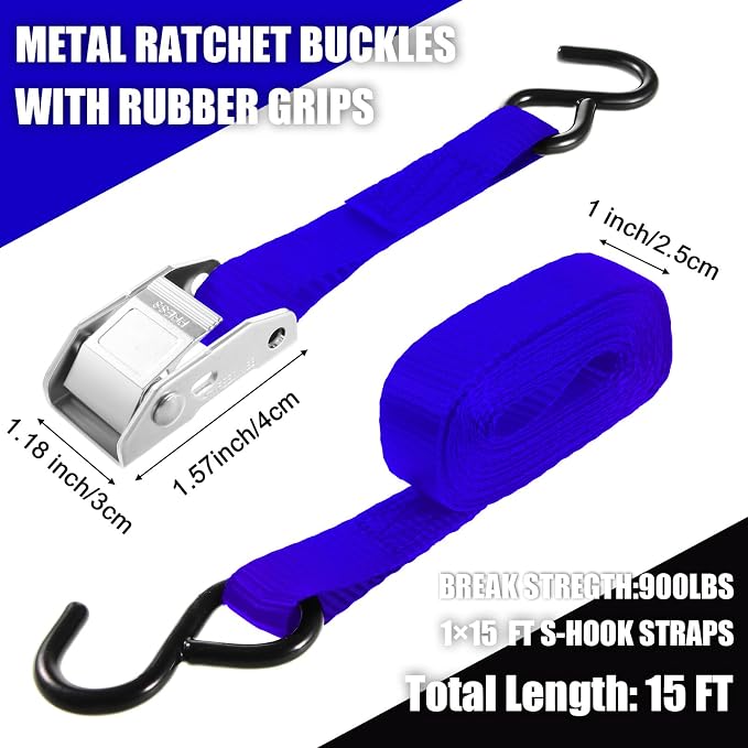 Riakrum 16 Pcs Cambuckle Tie Down Straps 1763lbs Break Strength Securing Straps 1'' x 15 ft Cambuckle Tie Downs with S Hook for Motorcycle, Kayak, Car, Truck, Boat Moving, Securing Cargo (Blue)