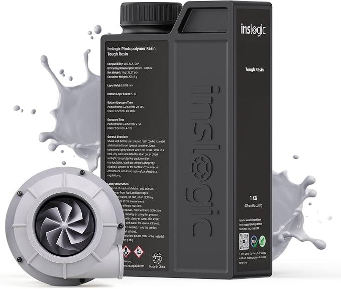 Inslogic Tough 3D Printer Resin, High Strength and Scratch-Resistant Matte Finish, Durable and Flexible, 405nm UV-Curing Resin for LCD, DLP, SLA 3D Printing, 1kg Gray