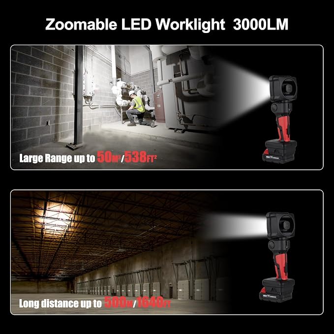 Cordless LED Work Light, Zoom Handheld Spotlight Compatible with Dewalt, Milwaukee and Makita 18-21V Battery, 3000 Lumens, Pivoting Head, (Battery and Charger Not Included)