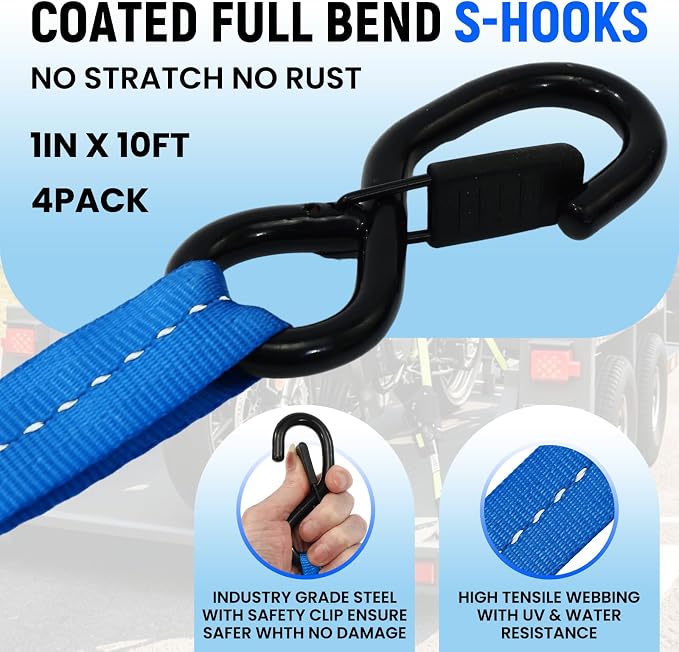 Retractable Ratchet Straps (Patented-4pack) - 1 inch x 10Feet (1,800lb Break Strength) Auto Self Retracting Tie Down Straps - Self Retractable Straps with Refletcive for Motorcyle, Truck or Cargo