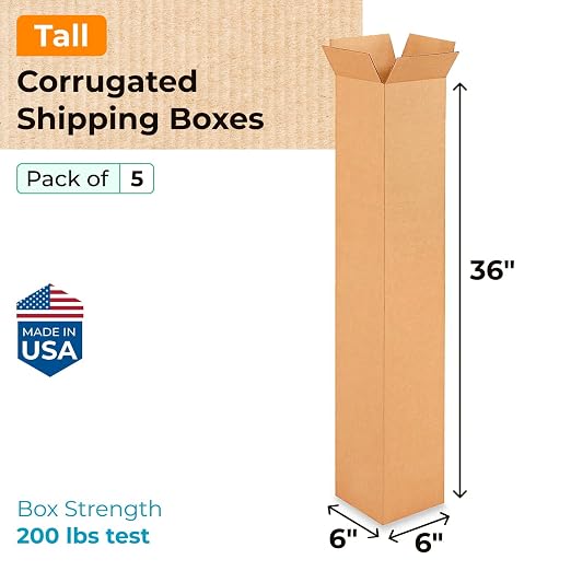 Tall Moving & Shipping Boxes 6 x 6 x 36 inches (5-Pack) - Extra Strength 200 lb vs Regular - USA-Made Corrugated Cardboard Boxes for USPS/UPS/FEDEX - Durable Tall Moving Box by IDL Packaging