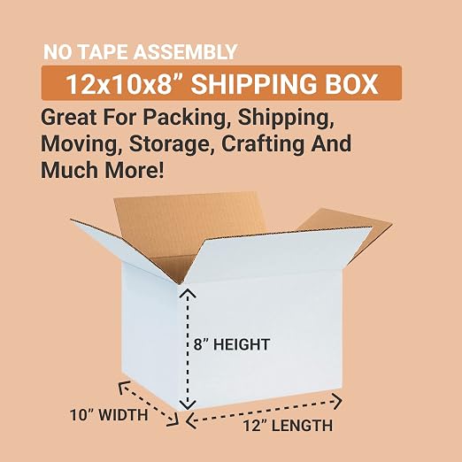 AVIDITI White Shipping Boxes 12"L x 10"W x 8"H (25 Pack) Small Medium Mailing Box for Small Business Packaging, Mailers, Gifts & Storage