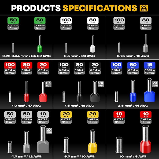 Ferrule Crimping Tool Kit, Ratchet Pliers for 24-8 AWG with 24 Types Insulated, Non-Insulated and Two Wire Ferrules, Wire Ferrules Kit, Hexagon Ferrule Crimper set, Electrician tool