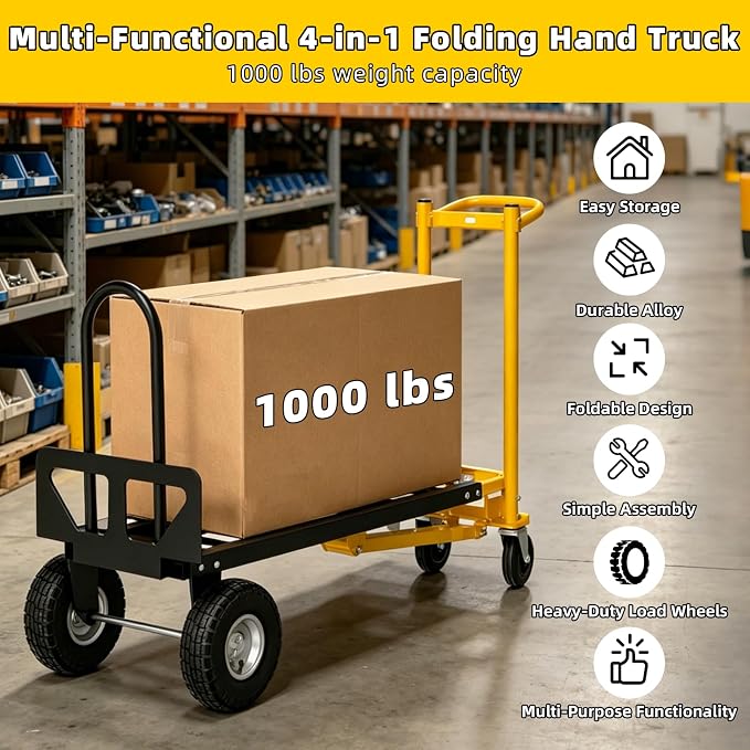 4 in 1 Convertible Hand Truck Dolly, 1000Lbs Capacity, Heavy Duty Folding Hand Truck Dolly Cart with Wheels 10" All-Terrain Tires, Hand Trucks for Logistics, Home, Office, School, Yellow