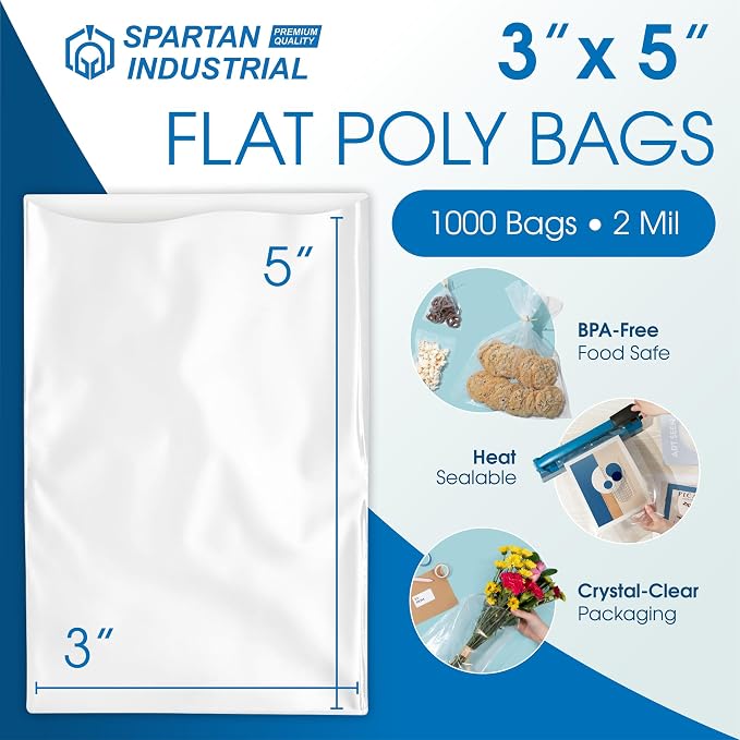 3" X 5" Open-End Flat Poly Bags (1000 Count) - 2 Mil Clear Heat-Sealable Plastic Bags for Packaging, Shipping, Storage - No Adhesive Strip - Spartan Industrial