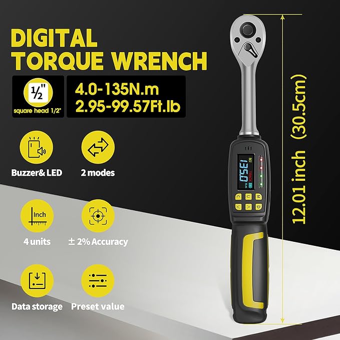 1/2-Inch Drive Digital Torque Wrench, 3.0-99.5 ft-lb (4-135 Nm) | Buzzer & LED Alerts, 72-Tooth Ratchet, 5-Inch Shaft, for Car, Wheel Lugs, Storage Case