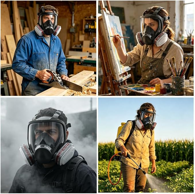 Full Face Respirator Mask with Filters,Reusable Gas Mask for Painting,Welding,Woodworking,Sanding,Spraying
