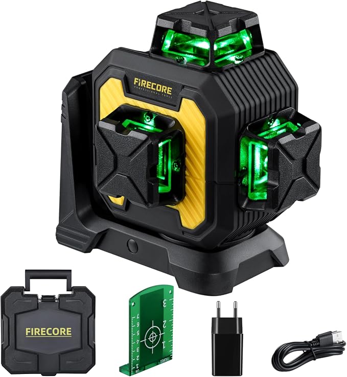Firecore Laser Level 360 Self Leveling, 1/13" High Accuracy, Rechargeable Green Cross Line Laser for Construction and Picture Hanging, Outdoor Pulse Mode Up To 197ft, Hard Case Included