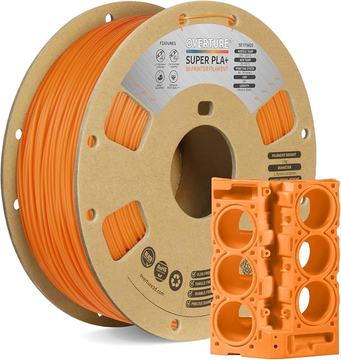 OVERTURE Super PLA+ Filament 1.75mm, Toughness Enhanced PLA Plus, Professional Toughness 3D Printer Filament 1kg (2.2lbs), High Precision +/- 0.02mm (Orange)