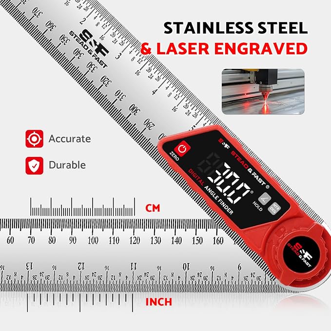 S&F STEAD & FAST Digital Angle Finder Tool with Case, 7” / 200mm Stainless Steel Miter Saw Protractor, Angle Gauge - XL White LED Display, ±0.2° Accuracy for Woodworking, Construction, Fabrication