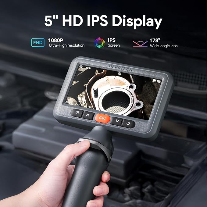 DEPSTECH Dual Lens Borescope Camera with Light, Two-Way Articulating 5" IPS Dual View Endoscope with 0.33in Slim Probe, Dual Lens Industrial Endoscope, 1080P Digital Borescope Inspection Camera