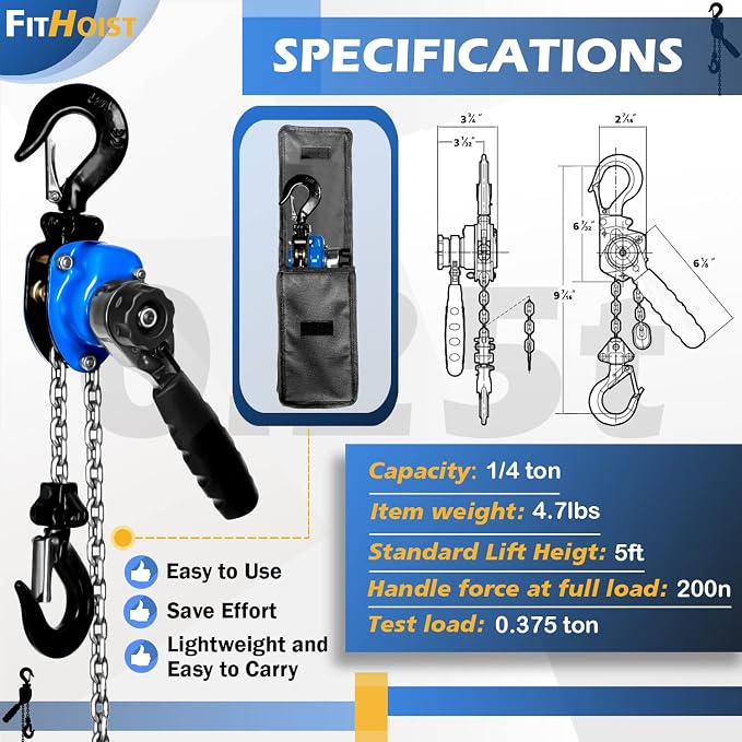 Mini Chain Hoist 1/4 ton 550Lbs Capacity 5ft Lift Manual lever chain hoist Alloy Steel G80 Chain 2 Heavy Duty Hooks, for Garages Warehouse Automotive Machinery