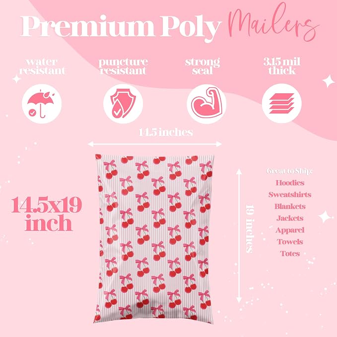 Pretty Package Store 14.5x19 Designer Poly Mailer 100 Pack Heavy Duty Waterproof Self Seal Shipping Bags, Small Business Large Mailing Envelopes Bulk Tear Resistant Packaging Pink Stripe Cherry Fruit