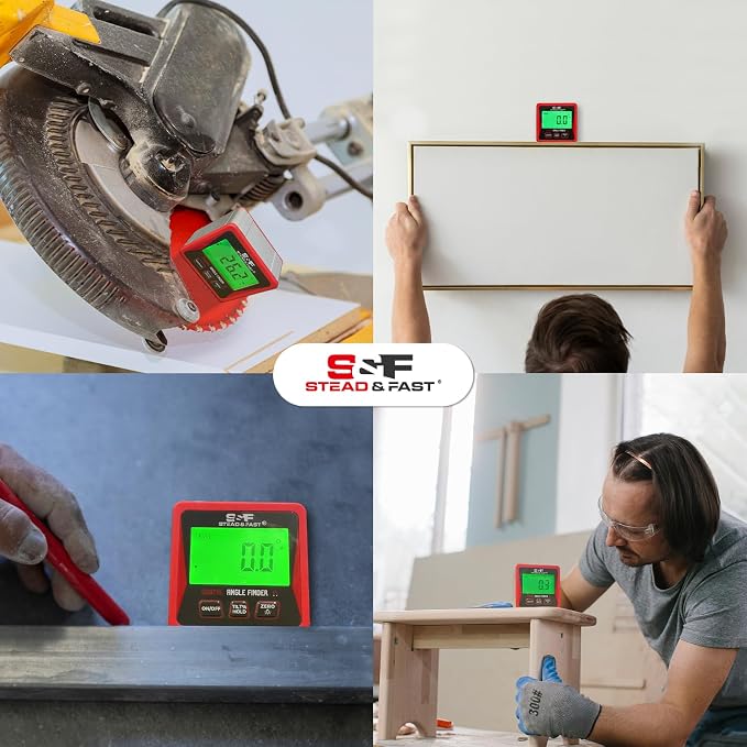 S&F STEAD & FAST Digital Angle Finder Magnetic, Digital Angle Gauge with Backlit LCD, Auto-Rotating Display, Degree Finder for Woodworking, Carpentry & Construction