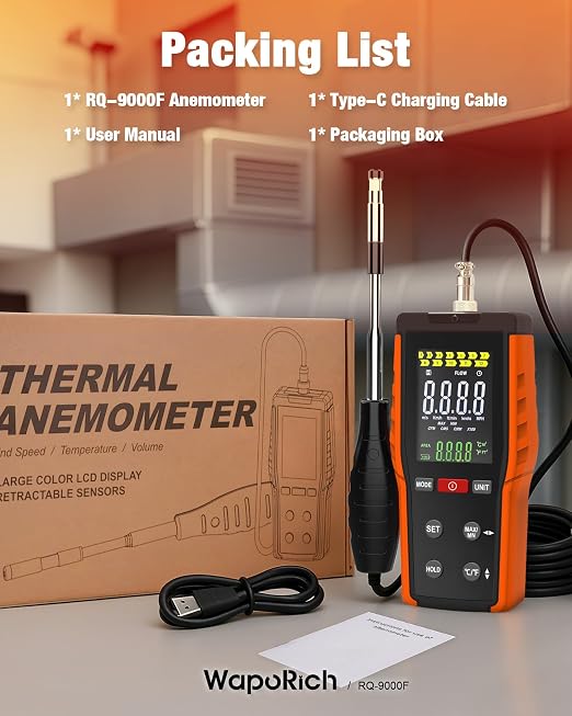 Hot Wire Anemometer HVAC, WapoRich CFM Air Flow Meter Wind Speed Gauges with MAX/MIN, CMM/CMS/CFM Airflow Meter, Air Velocity 0.2-67 MPH, Wind Temp 32℉-113℉ - RQ-9000F