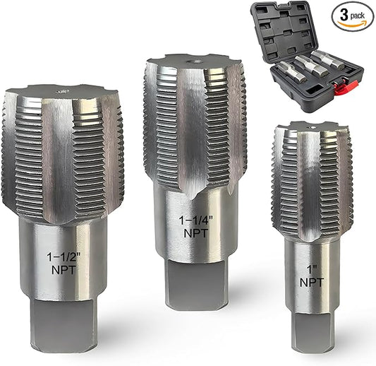 3-Piece NPT Pipe Tap Set, Precision Carbon Steel Tap Set for Clean Accurate Threads, 1", 1-1/4", 1-1/2" NPT Tap, Perfect for Plumbers Mechanics DIYers, with Durable Plastic Case.