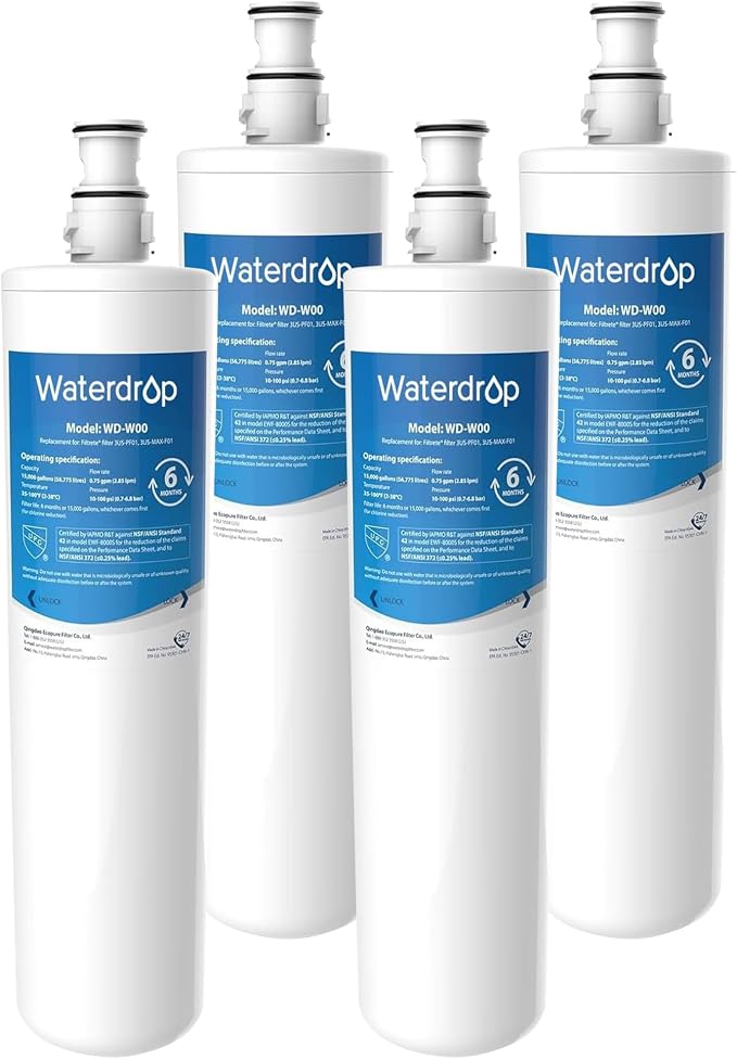 Waterdrop 3US-MAX-F01 3US-PF01 Maximum Replacement Filter, Replacement for Filtrete® Advanced 3US-PF01, 3US-MAX-F01, 3US-PS01, 3US-MAX-S01, Manitowoc K-00337, K-00338, NSF/ANSI 42 Certified, 4 Pack