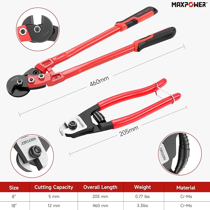 MAXPOWER Steel Cable Cutters, 8" Wire Cutter & 18” Wire Rope Cutter for Hard Wire Ropes, Stainless Steel Wire Seals Aircraft Bicycle