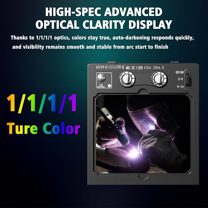 Welding Helmet Auto Darkening Welding Hood 1/1/1/1 Optical Clarity,Large Viewing Screen,True Color Solar Powered,4 Arc Sensor Wide Shade 4/5-9/9-13 Welding Mask with for TIG MIG ARC