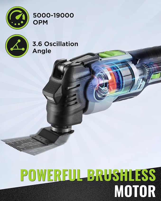 WORKPRO 20V Oscillating Tool Kit, Cordless and Brushless 19,000 RPM Orbiting Multi Tool with 6 Variable Speeds, 3.6°Oscillation Angle, 21pcs Saw Accessories, 1 Rechargeable Battery and Carrying Bag