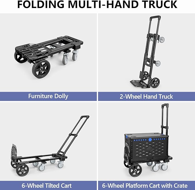 KEDSUM 4-in-1 Convertible Dolly Cart with Folding Crate, 600LBS Heavy Duty Hand Truck Dolly, Hand Truck with Adjustable Handle Angle & Expandable Base for Home,Warehouses,Dorm, Collapsible