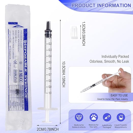 24 Pack 1ml Sterile Syringes with Caps, 1cc Needleless Measuring Syringe for Pet Feeding, Liquid Transfer, Oil, Glue, Lab & Craft Use, Individually Sealed