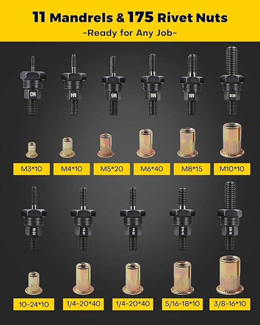 YUZES Rivet Nut Tool Kit, 14" Rivnut Tool with 11 Metric & SAE Mandrels, 175Pcs Rivet Nuts Kit, Professional Nutsert Tool Kit forAuto Mods, RV/Van Conversion & Metal Fabrication, Rugged BMC Case