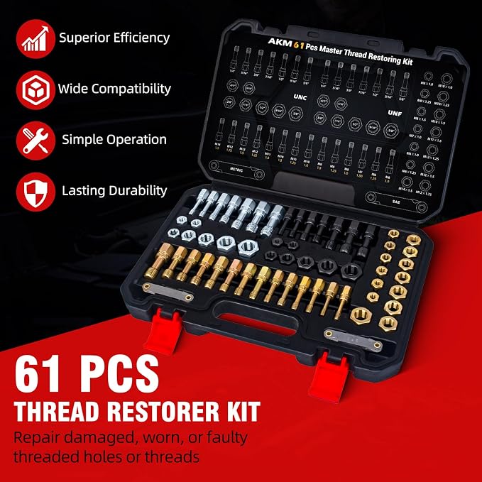 AKM 61Pcs Thread Restorer Kit, Rethread Repair Tool, UNC UNF & MetricThread Chaser Set with Thread Pitch Gauge