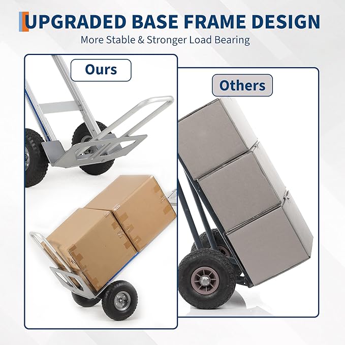Aluminum Hand Truck Dolly Cart,600 LBS Capacity,Heavy Duty Dolly with Extendable Base Plate,10" Pneumatic Tire & 2 Elastic Cords,Platform Hand Cart for Transport & Moving in Warehouse, Supermarket