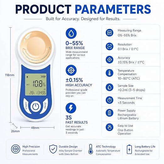 Digital Brix Refractometer 0-55% with ATC, ±0.15% Accuracy, 3-Second Results, Rechargeable Sugar Content Tester for Fruits, Juice, Home Brewing, Wine, Coffee