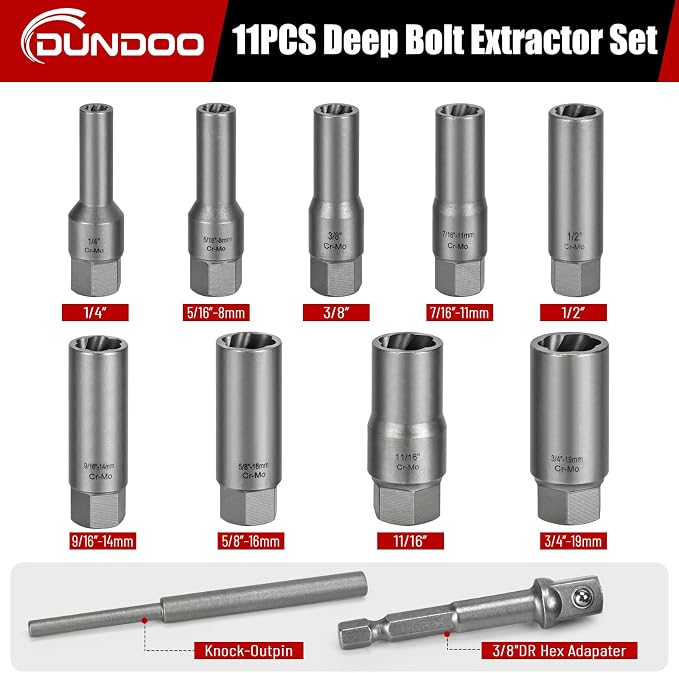 11pcs Bolt Extractor Kit, Stripped Bolt Extractor Set, Deep Long Easy Out Set, Lug Nut Remover Socket Tool for Studs, Damaged, Frozen, Rusted, Rounded-Off Bolts, Nuts