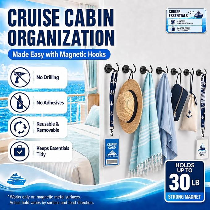 Neosmuk Magnetic Hooks, Cruise Ship Essentials, 32lb+ Heavy Duty Magnetic Hooks for Cruise Cabins, Refrigerator, Grill, Hanging, and Travel | Extra Strong Must-Haves Magnet Hook,Black