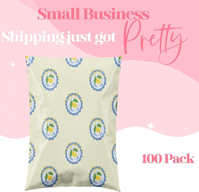 Pretty Package Store 10x13 Designer Poly Mailer 100 Pack Heavy Duty Waterproof Self Seal Shipping Bags for Small Business Large Mailing Envelopes Bulk Tear Resistant Packaging Yellow Summer Lemons