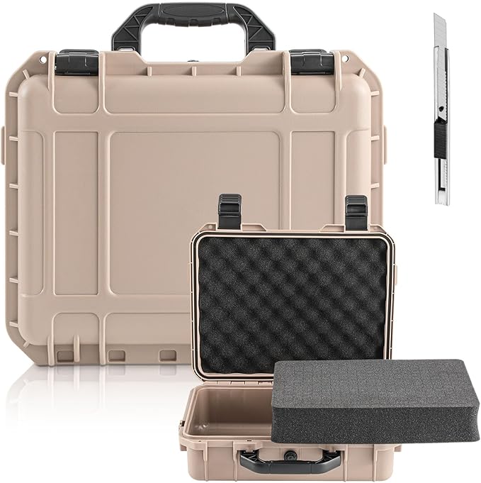 Relaxweex 1 Pcs Waterproof Hard Case with DIY Customizable Foam Insert Portable Protective Case with Knife for Camera Drones Equipments Tools Test Instruments(Tan,16.3 x 12.4 x 6.5 Inch)