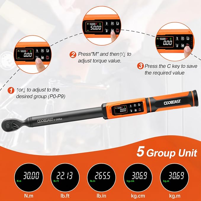 Coobeast Digital Torque Wrench 1/2 Drive, Adjustable Electric Torque Wrench Tool Set, Preset Value(3.76-250.8 Ft.lbs./5.1-340Nm), Buzzer and LED Alert, Adapter&Extension Bar for Bike Motorcycle(Black)