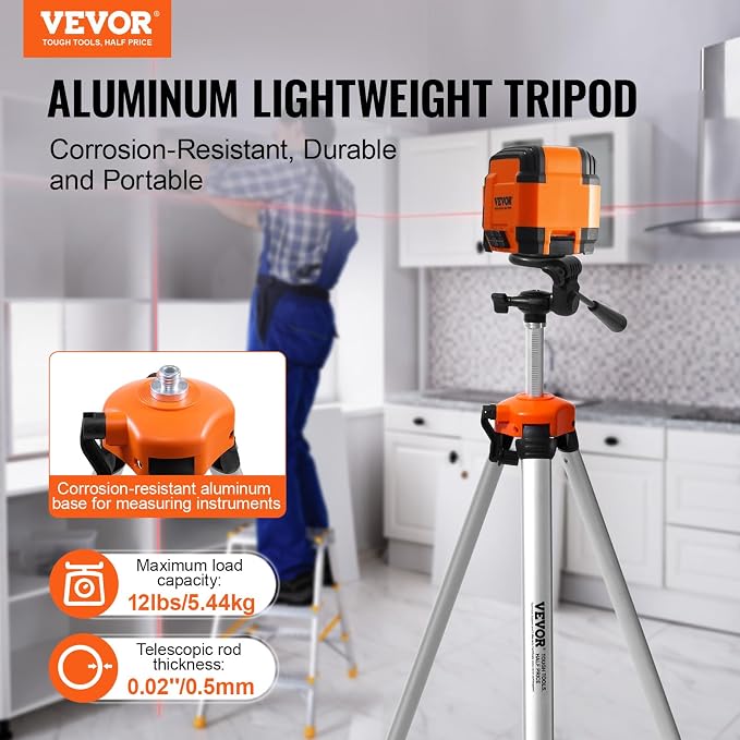 VEVOR Laser Level Tripod, ¼ x 20 Thread Mount, 27.36-68.11 inch Height Adjustment with Integrated Level Bubble Lightweight Laser Scanner Stand, Retractable Legs Aluminum Tripod for Stable Measurement
