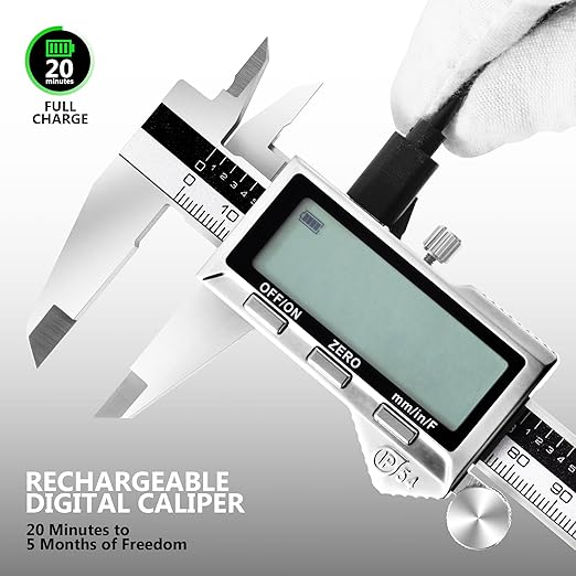 Rechargeable Calipers 6 Inch, Digital Caliper Stainless Steel Electronic Micrometer with Large LCD Display, Inch/mm/Fraction Conversion, Professional Vernier Measuring Tool