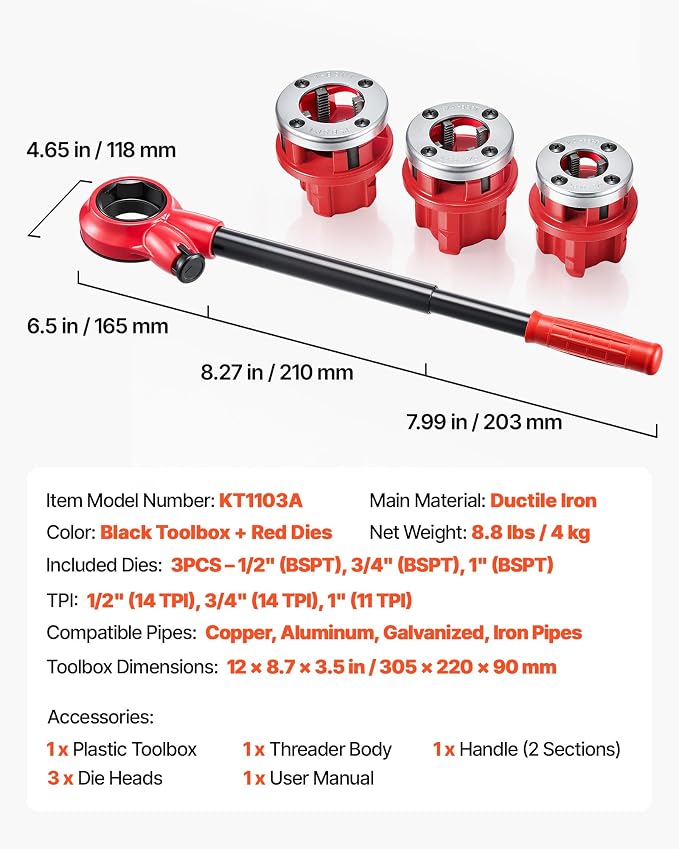VEVOR Ratchet Pipe Threader Kit with 3 Dies, 1/2" BSPT, 3/4" BSPT, 1" BSPT Manual Ratcheting Pipe Threading Tool, Portable Pipes Threader Set with Toolbox for Plumbing Installation & Repair