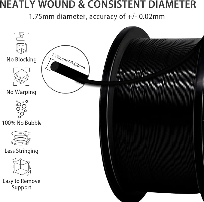 YOUSU 5KG(11lbs) PLA Plus Filament 1.75mm Black, PLA+ Filament 1.75mm 3D Printer Filament, Cost Effective Large Roll 3D Printing Filament for Big Projects