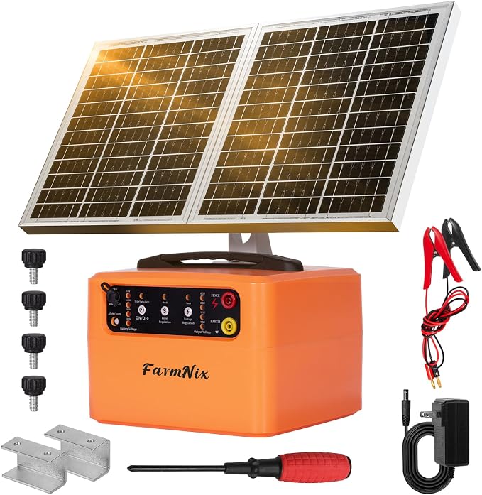 30 Miles Solar Electric Fence Charger for Livestock,6-12KV Adjustable Output Solar Charger,1.5J Fence Charger,15W Solar Powered Electric Fence Kit for Garden,24H Uninterrupted Protection